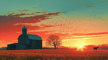 Poster - A horse standing in a field with a barn in the background. Suitable for agricultural or rural themes