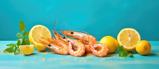 Poster - Fresh Shrimp and Zesty Lemons Arranged on a Vibrant Blue Background for Culinary Delights