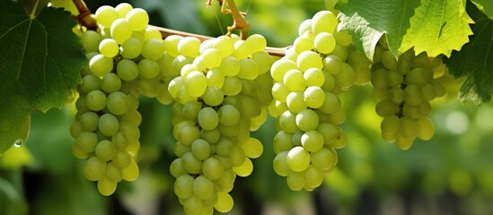 Poster - Juicy Green Grapes Dangling from Lush Vine in a Captivating Close-Up Shot