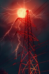 Poster - A dramatic image of a red electric pole with lightning in the sky. Suitable for illustrating power outages or storms