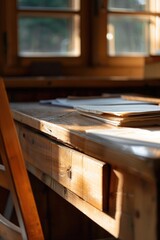 Poster - A stack of books on a wooden table. Suitable for education or reading concept