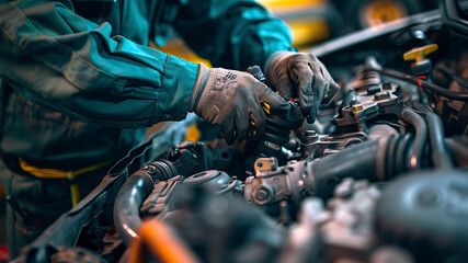 Wall Mural - auto mechanic working in workshop, close up a car mechanic repairing car engine, service worker at the work