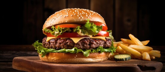 Poster - Delicious Homemade Hamburger with Fresh Lettuce, Melted Cheese, Juicy Beef, and Crispy French Fries on Rustic Wooden Table