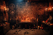 Eerie occult setup with candles, skulls, and mystical symbols in a dimly lit room