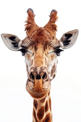 Poster - Close up of a giraffe's face on a white background, perfect for educational materials or wildlife presentations