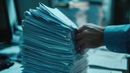 Aufkleber - Person holding a stack of papers on a desk. Suitable for office or business concepts