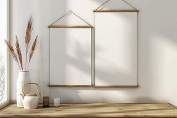 Two empty picture frames hanging on a wall next to a vase. Ideal for interior design concepts