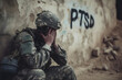 © lucky pics - sad soldier and inscription PTSD on the wall, PTSD for post-traumatic stress disorder. Neural network generated image. Not based on any actual scene or pattern.