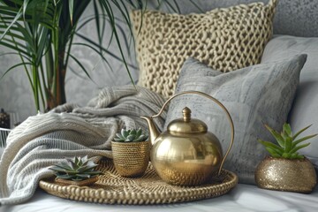 Poster - A shiny gold teapot placed on a tray beside a green potted plant. Ideal for home decor or tea-related designs