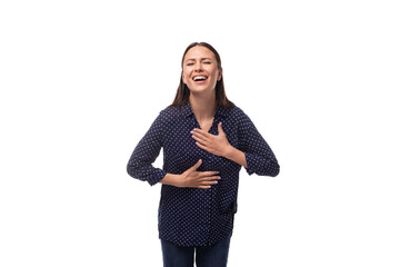 Wall Mural - young charismatic business woman with straight black hair is dressed in a dark blue blouse