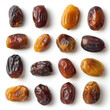Variety of dates neatly lined up, top-down view isolated on white background. Healthy snacking concept. Design for nutrition themes and food packaging