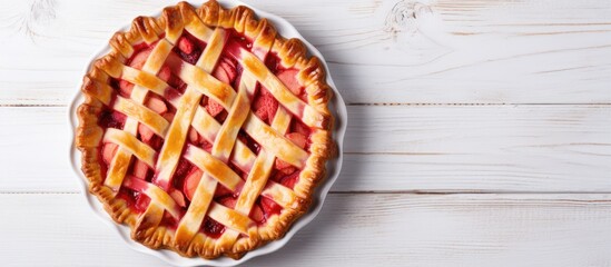 Poster - Delicious Strawberry Topped Rhubarb Pie on Rustic White Wooden Table Closeup