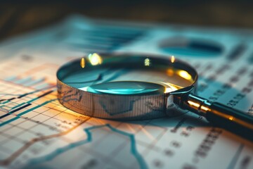 Poster - Close up of a magnifying glass on a map. Suitable for travel and exploration concepts