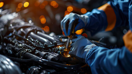 Wall Mural - auto mechanic working in workshop, close up a car mechanic repairing car engine, service worker at the work