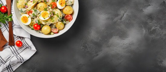 Poster - Delectable Homemade Potato Salad with Fresh Eggs and Juicy Tomatoes in a Rustic Bowl