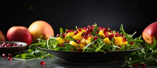 Poster - Vibrant Mango and Pomegranate Salad with Fresh Greens and Fruits on Wooden Table