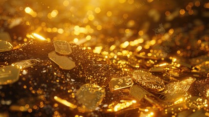 Poster - A stack of shiny gold coins on a wooden table. Suitable for financial and investment concepts