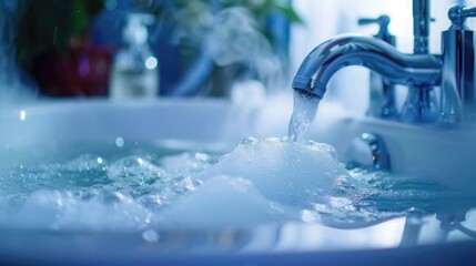 Poster - A close up of a sink with a running faucet. Ideal for illustrating water usage