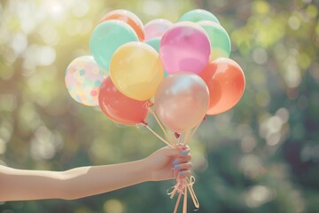Poster - Person holding a bunch of colorful balloons. Suitable for celebrations and events