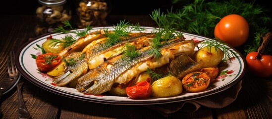 Wall Mural - Sizzling Fish and Vibrant Veggies Plate Ready to Satisfy Culinary Cravings