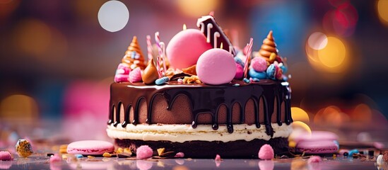 Poster - Decadent Chocolate Cake Adorned with Sweet Candies and Cookies on Blurry Background