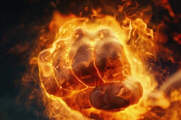 Poster - A close-up image of a person's hand engulfed in flames. Suitable for illustrating concepts of danger or extreme heat