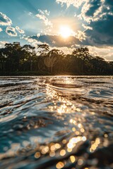 Poster - A serene scene of trees by a peaceful body of water. Perfect for nature-themed designs