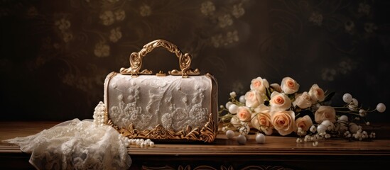 Wall Mural - Elegant White Purse Bag with Lace Design and Wedding Rings, Ready for a Bridal Affair