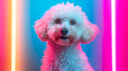 Wall Mural - White Poodle on the neon background, grooming concept
