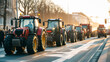 Farmers' union protest: tractors in a row against government policy on sunlit city street