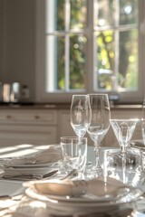 Poster - A beautifully arranged table setting with wine glasses and plates. Ideal for restaurant menus or event promotions