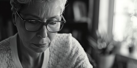Poster - A woman in black and white looking at her cell phone. Suitable for technology concepts