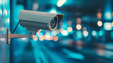 Fototapeta Przestrzenne - Modern CCTV camera on a wall. A blurred night cityscape background. Concept of surveillance and monitoring. Toned image double exposure mock up,CCTV security camera on blue bokeh background,
