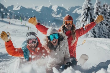 Wall Mural - Group of friends having fun in a ski resort 