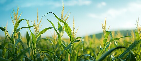 Poster - Vivid Corn Field with Blooming Flowers and Lush Ears of Corn Under the Blue Sky