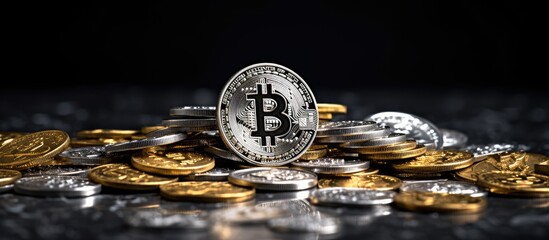 Poster - Stack of Crypto Coins with Bitcoin on Top Symbolizing Wealth and Finance