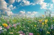 Beautiful field of wildflowers with a clear blue sky background. Perfect for nature and outdoor concepts