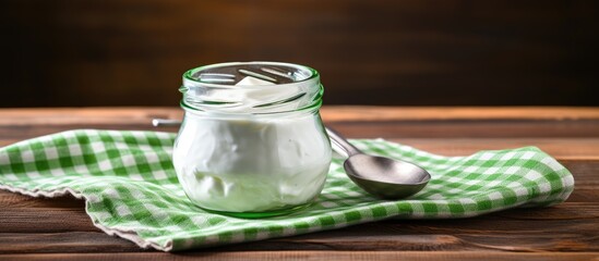 Sticker - Rustic Dairy Delight - Glass Jar of Creamy Yogurt Nestled on a Wooden Table