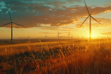 Poster - Wind turbines standing in a field of tall grass. Suitable for environmental and renewable energy concepts
