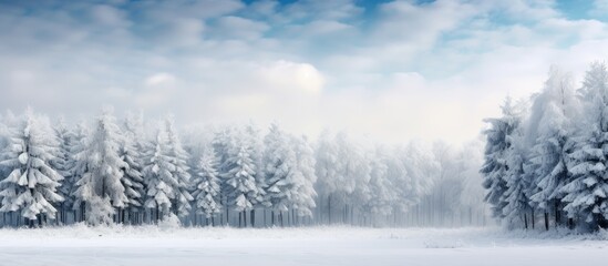 Aufkleber - Serene Winter Wonderland: Snowy Pine Forest Sways Under Cloudy Skies in First Frost
