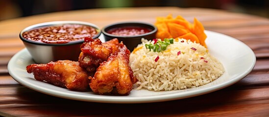 Aufkleber - Delicious Rice and Crispy Fried Foods With Flavorful Sauce on Paper Plate