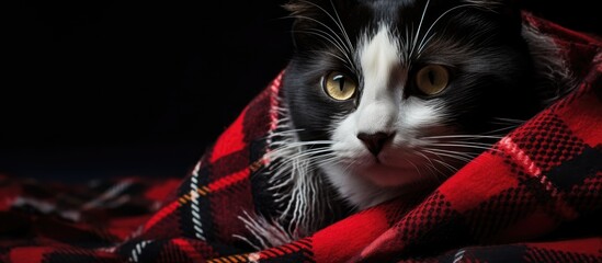 Poster - Serene Black and White Cat Cozily Wrapped in Vibrant Red Plaid Blanket