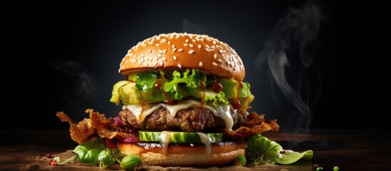 Poster - Sizzling Bacon Burger with Crispy Brussel Sprouts: A Perfect Blend of Savory and Crunchy Delights