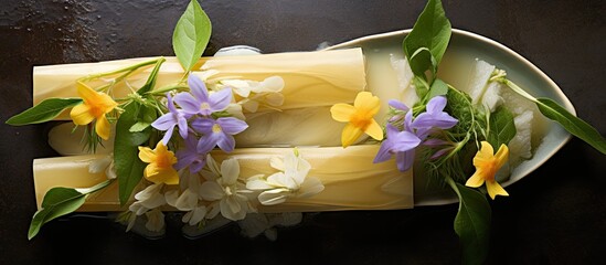 Poster - Artistic Display of Gourmet Delight: A Plate with Exquisite Cake Adorned with Vibrant Edible Flowers
