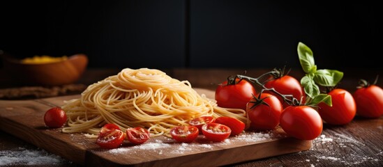 Poster - Rustic Pasta and Tomato Meal Preparation on Wooden Cutting Board