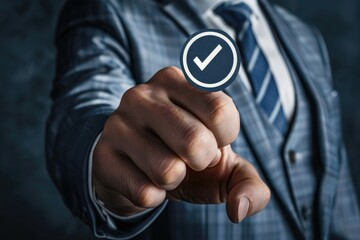 Aufkleber - Man in suit holding check mark button, suitable for business concepts