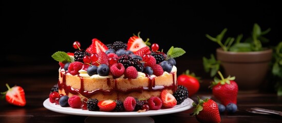 Aufkleber - Delicious Berry and Blueberry Cake Served on a Plate, Tempting Sweet Treat with Colorful Fruits