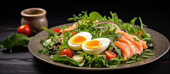 Sticker - Delicious Plate Featuring Fresh Salmon, Boiled Egg, and a Crisp Garden Salad