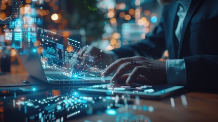 Poster - A man in a suit typing on a laptop, suitable for business concepts