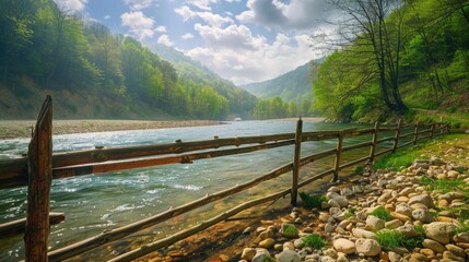 Aufkleber - A wooden fence next to a river in the mountains. Suitable for nature and outdoor themes